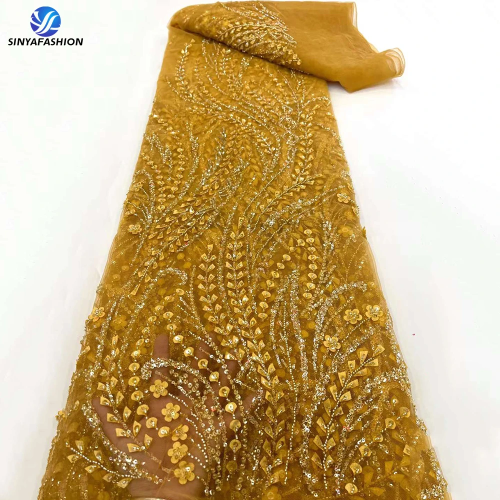 

Tim Nigerian Wedding African Bridal Luxury Sequins 3D Flower French Tulle Embroidery Gold Hand Beaded Lace Fabric For Dress Sew