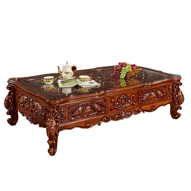 

European style hotel villa American style luxury solid wood fish center table and TV cabinet sofa genuine leather sofa set