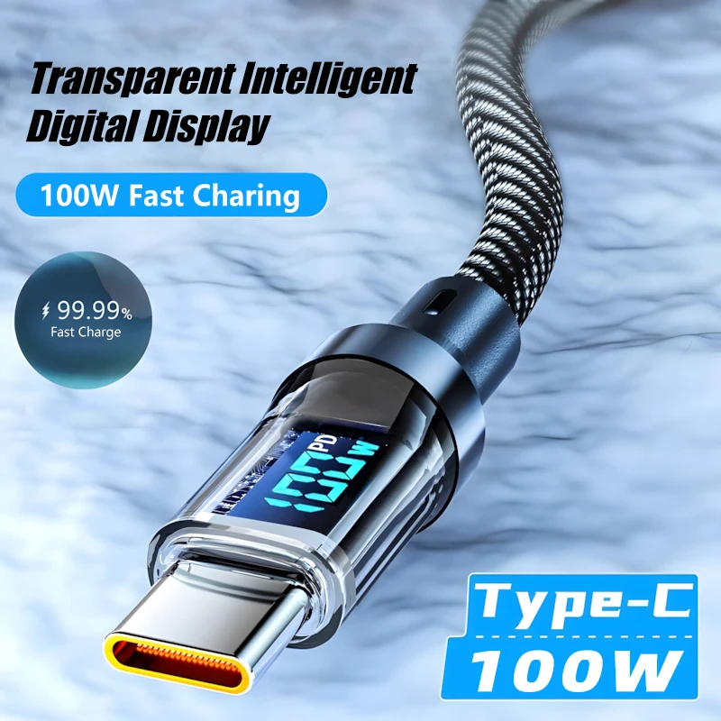 Фото Кабель для быстрой зарядки USB Type-C мощностью 100 Вт, кабель для зарядки телефона с интеллектуальным цифровым дисплеем, для Samsung Xiaomi Redmi OnePlus №3