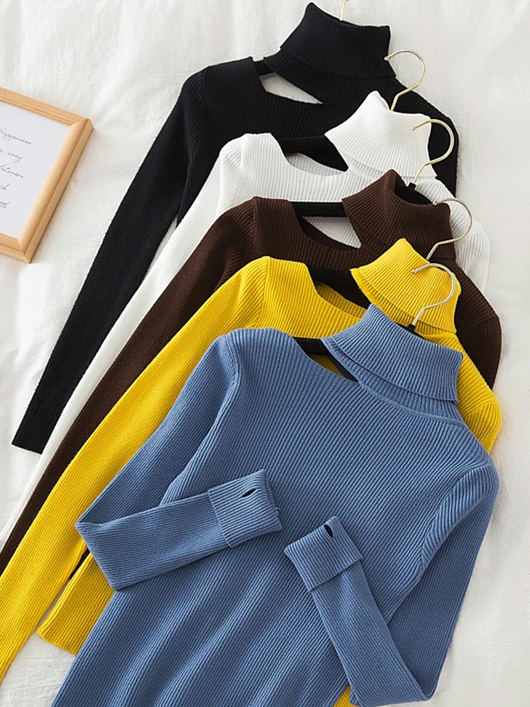 Женский пуловер с открытыми плечами AOSSVIAO вязаный свитер высоким воротником и