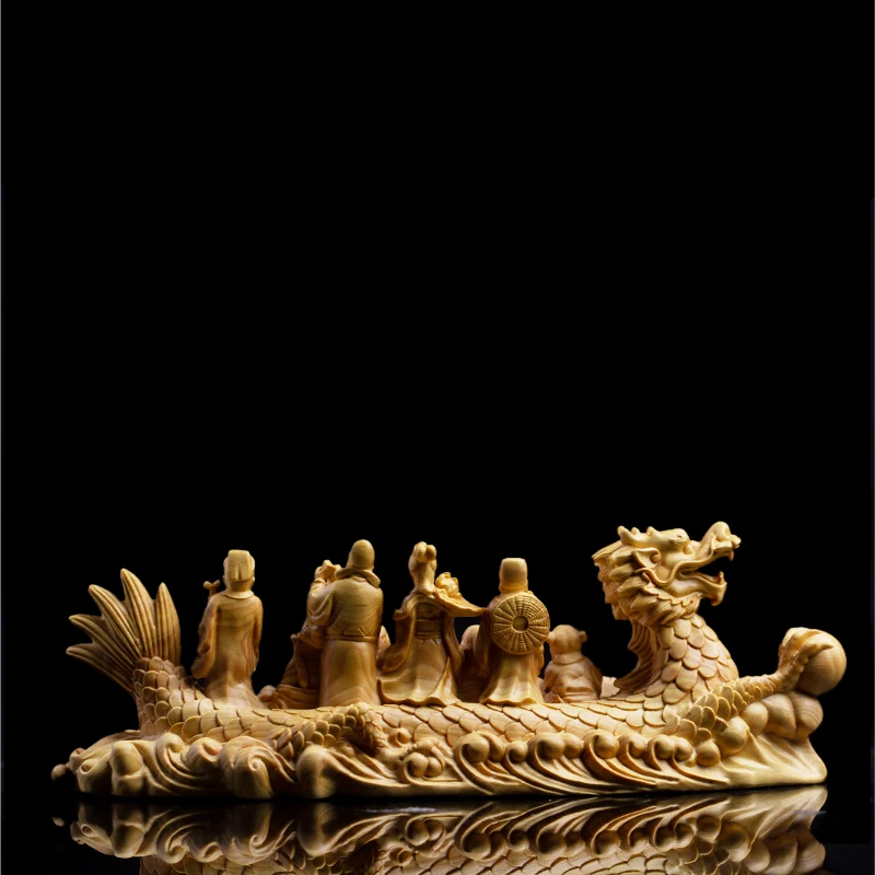 Самшит 21 см Восемь богов Дракон Лодка Скульптура Резьба по дереву Китайские