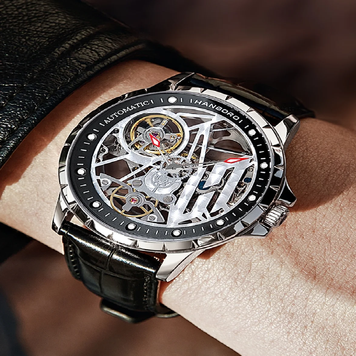 

Hanboro men's watch mechanical watches full Automatic trend Wristwatch flywheel luminous waterproof brand luxury watch for men