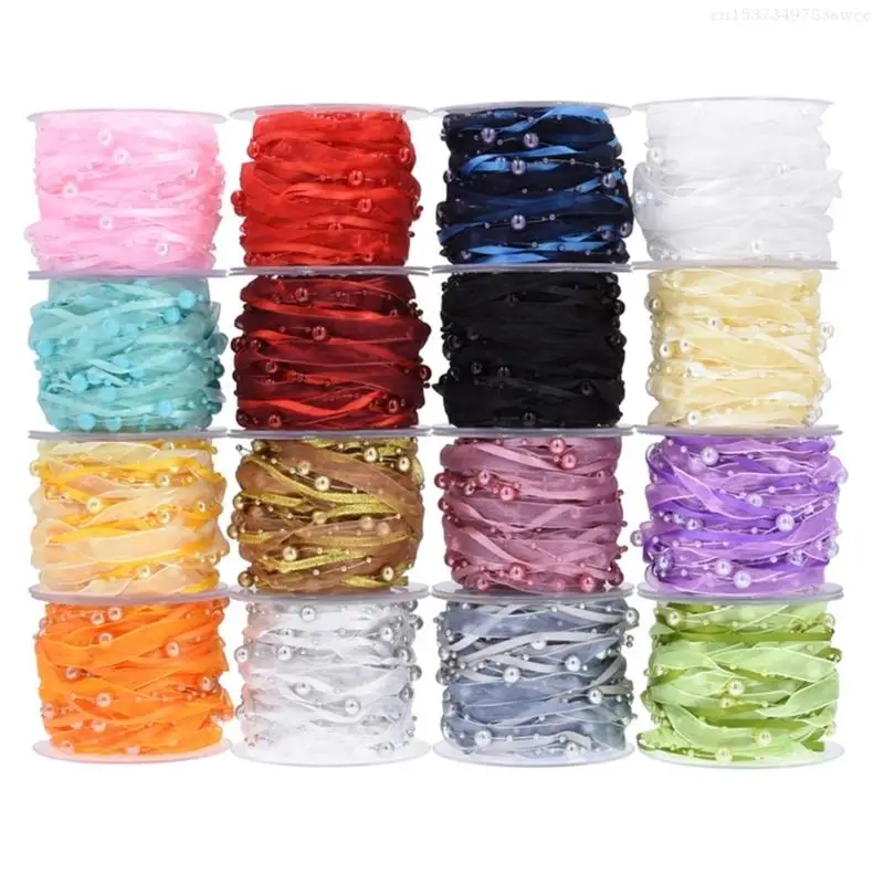 Универсальная атласная лента длиной 10 м с жемчугом. Аксессуар для изготовления