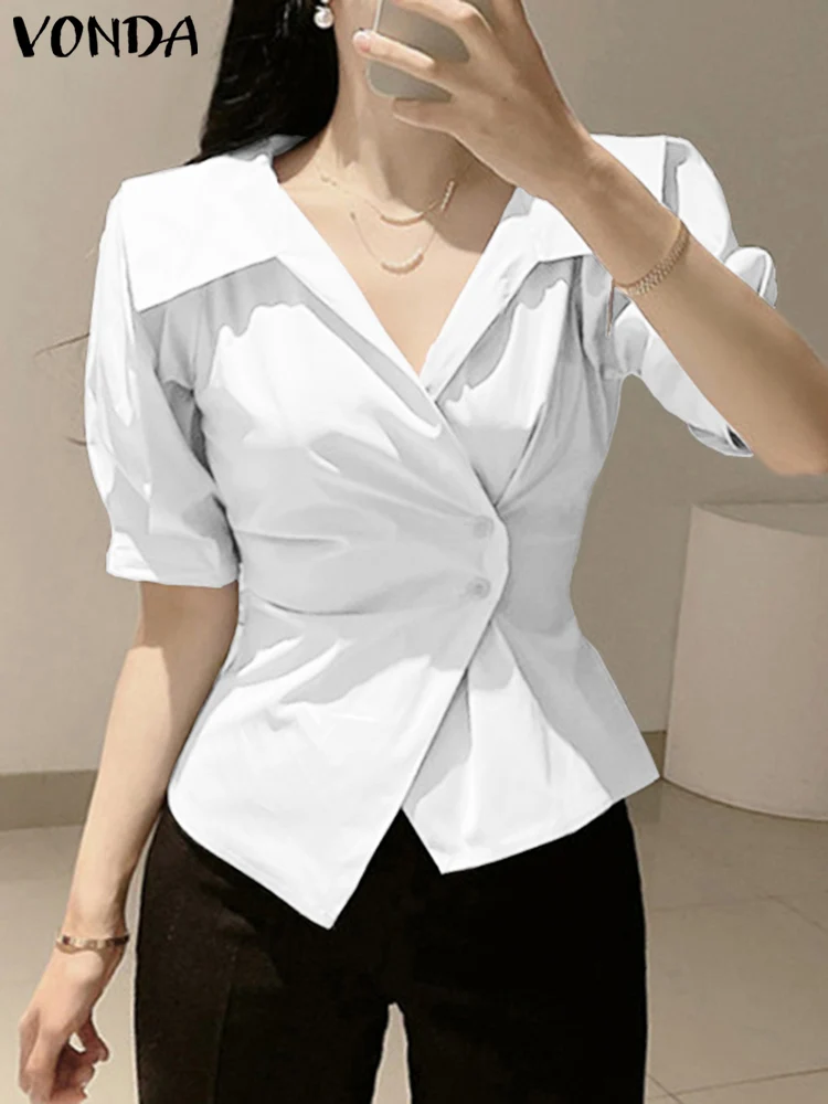 

VONDA Summer Tunic Tops 2023 Women Elegant Shirts Short Puff Sleeve Solid Color Lapel Blouses Fashion Casual Loose Office Blusas