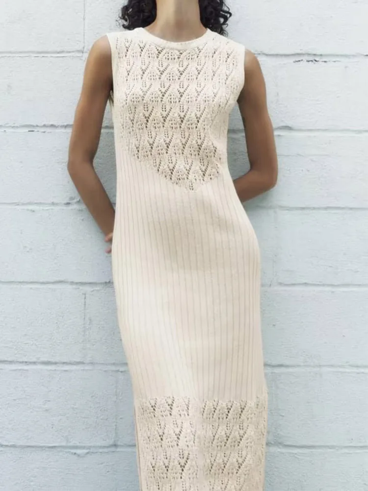 

Kumsvag 2023 Women Summer Tank Dress Fashion Solid Knitting O-neck Hollow Out Slim Elasticity Female Elegant Street Dresses