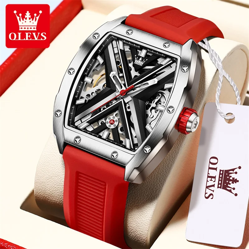 OLEVS Tonneau Dial Mens Automatic Mechanical Watch Luminous Skeleton Waterproof Watches Military Red Silicone Strap Reloj 2023