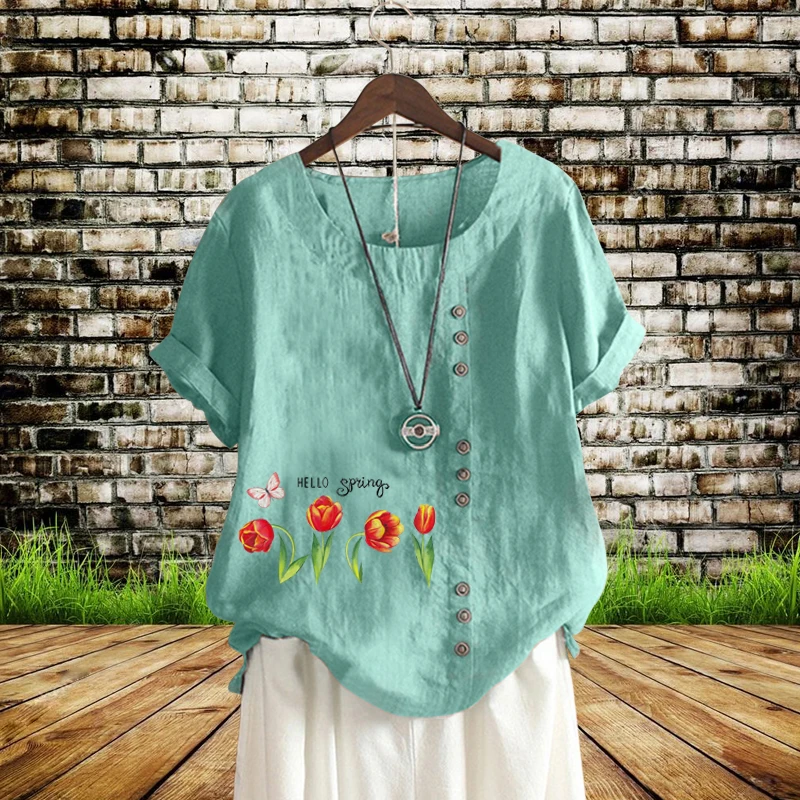 

New Summer Women Beautiful Flower Print Loose T-Shirt Comfortable Linen Round Neck Solid Elegant Short Sleeve Top XS-5XL