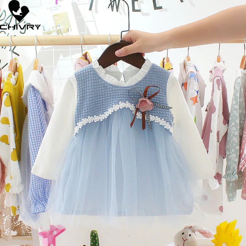 

Girls Dresses Spring Autumn 2022 Kids Baby Girls Long Sleeve O-neck Lace Dress Cute Flower Decor Patchwork Princess Dresses