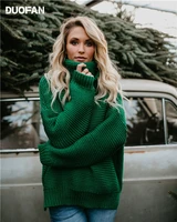 duofan 2022 women pullover thick autumn winter sweater warm knitted oversized turtleneck tops for womens green vintage jumper