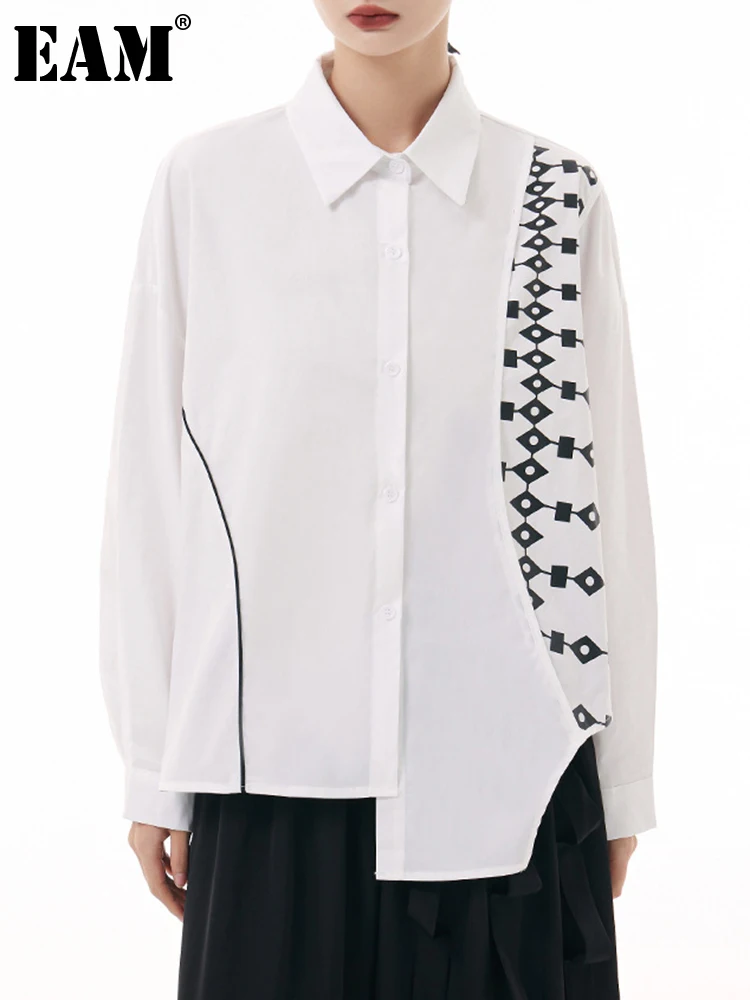 

[EAM] Women White Printed Irregular Big Size Blouse New Lapel Long Sleeve Loose Fit Shirt Fashion Spring Autumn 2023 1DH0507