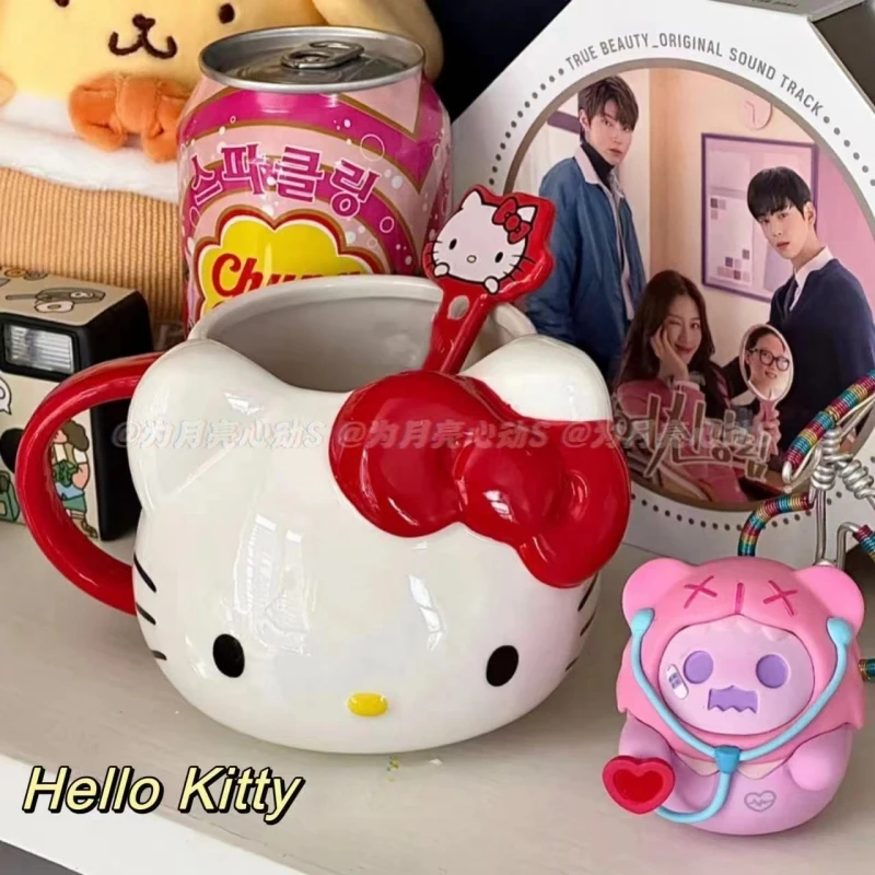 

Аниме Kawaii Sanrios Hello Kitty чашка в стиле Ins Высокая искусственная керамическая кружка милая девушка голова кошки чашка для воды рождественские подарки