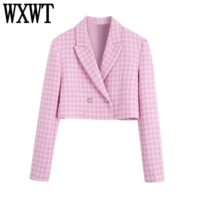 

WXWT Women Classic Houndstooth Cropped Blazer Suits Notched Collar Double Breaste Jacket Coats Female Spring Autumn Tops BB22243