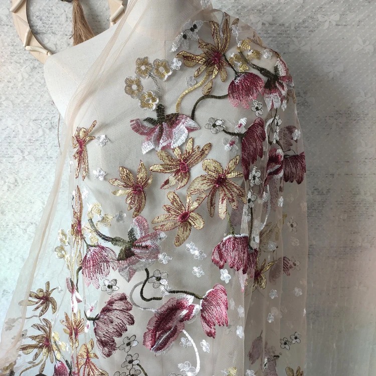 

net yarn embroidered lace skirt fabric, gold thread embroidery net cloth, wedding dress head gauze accessories