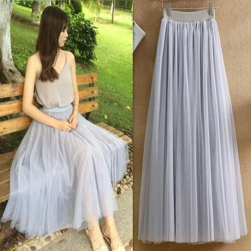 

Vintage Tulle Skirt Women Elastic High Waist 3 Layers A-line Pleated Mesh Skirt Long Bride Tutu Skirts Female Jupe Longue b67
