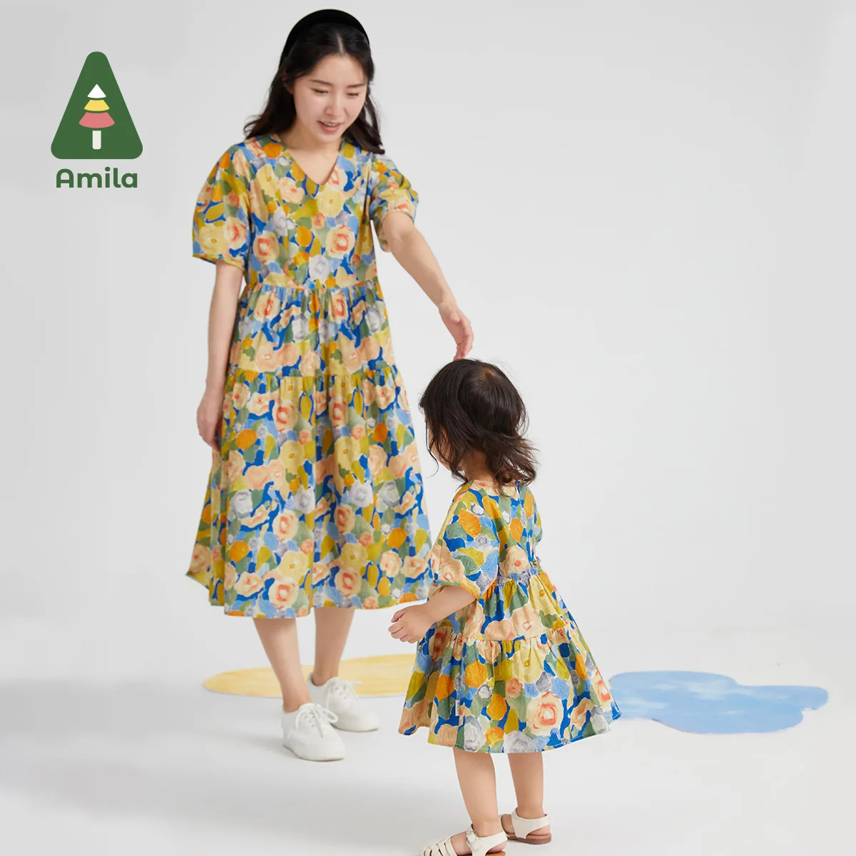 

Amila Baby's Dresses for Kids 2023 Summer New Flowers Baby Girl Clothing Girls Puff Sleeve 100% Cotton Parent-child Outfit Dress