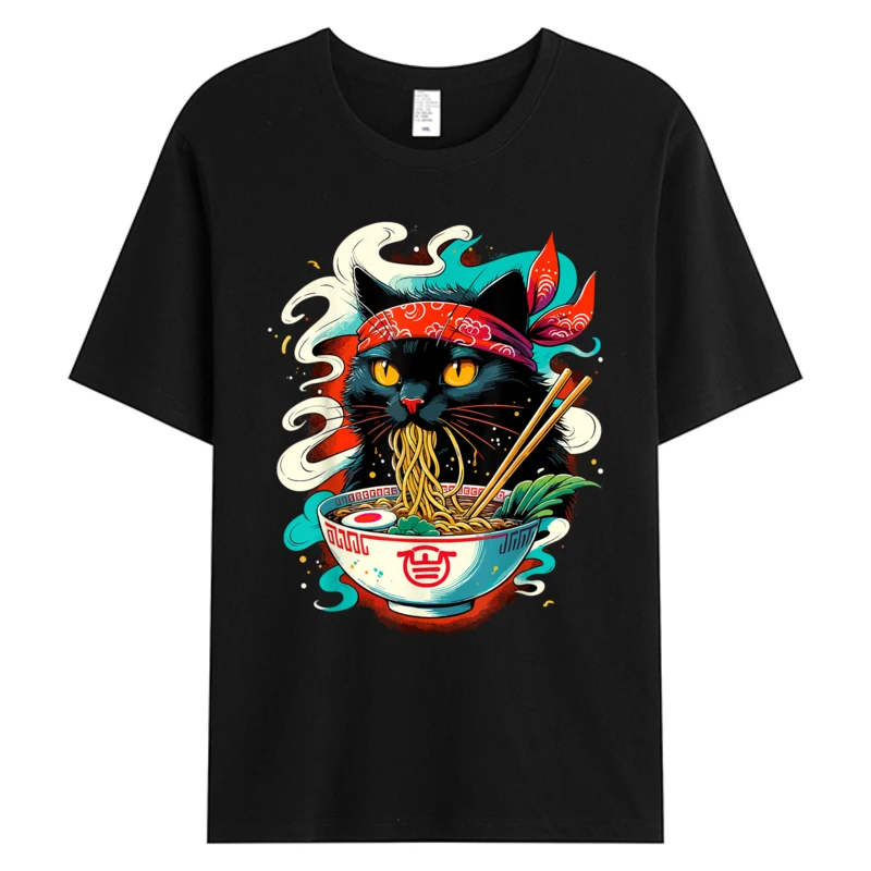 Фото Футболка Cat Ramen Noodle японского аниме Kawaii Cats, мужская футболка из хлопчатобумажной ткани с принтом, футболки, мужская одежда, повседневная посадка, скидка №1