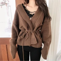 woman lace up sexy v neck loose cardigans new fashion short knit sweaters khaki autumn casual kintted open cardigan jacket coat
