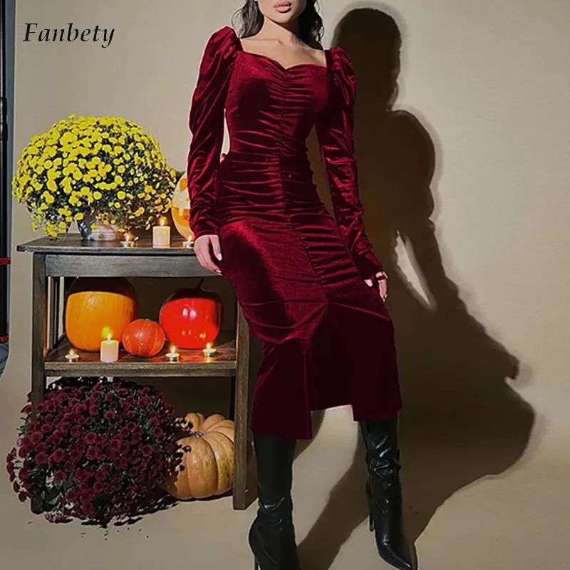 

Модное Элегантное однотонное длинное офисное платье с квадратным вырезом и высоким разрезом, женское повседневное ДРАПИРОВАННОЕ облегающ...