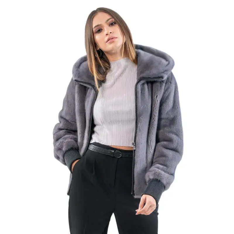 Winter Real Mink Fur Coat For Woman Warm Jacket With Hat & Zipper Ladies Cold-Resistant Short Outerwear Fashion Spring Essential