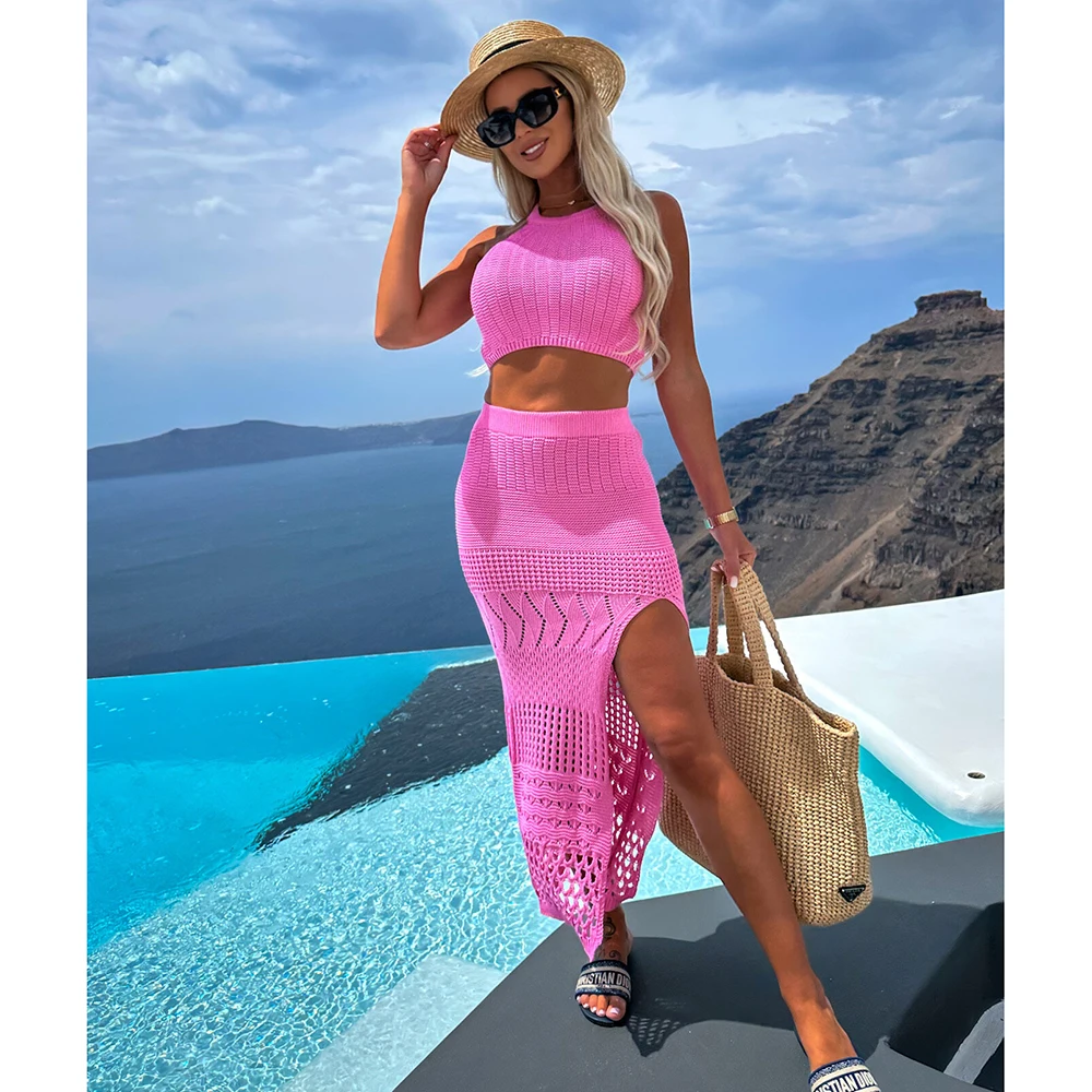 

2023 накидки Трикотажные сексуальные прозрачные сетчатые пляжные накидки летняя блузка длинная юбка комплект из двух предметов ажурное платье