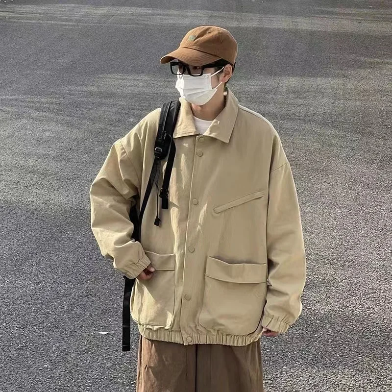 

Мужская винтажная куртка-карго в японском стиле с отложным воротником, рабочая одежда в стиле Харадзюку, свободная повседневная однотонная верхняя одежда, 2022