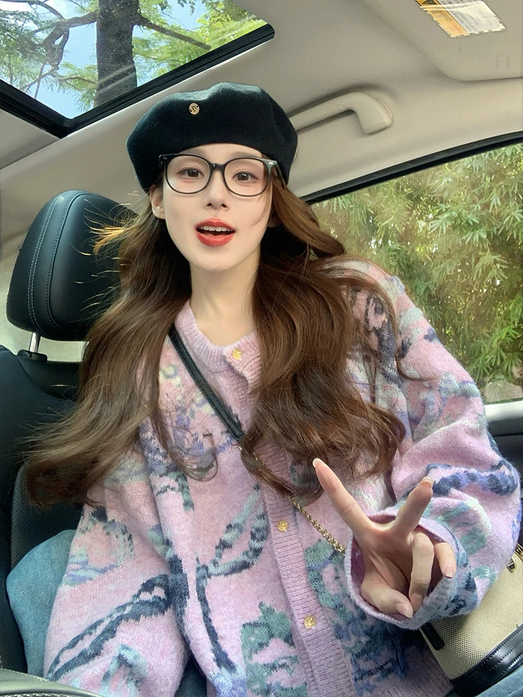 Жаккардовый вязаный свитер в стиле ретро женский кардиган новинка 2024 осень и