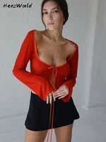 henzworld elegant mesh see through hot sexy tops and blouses women summer shirts blouse flare sleeve tie up tops clothes