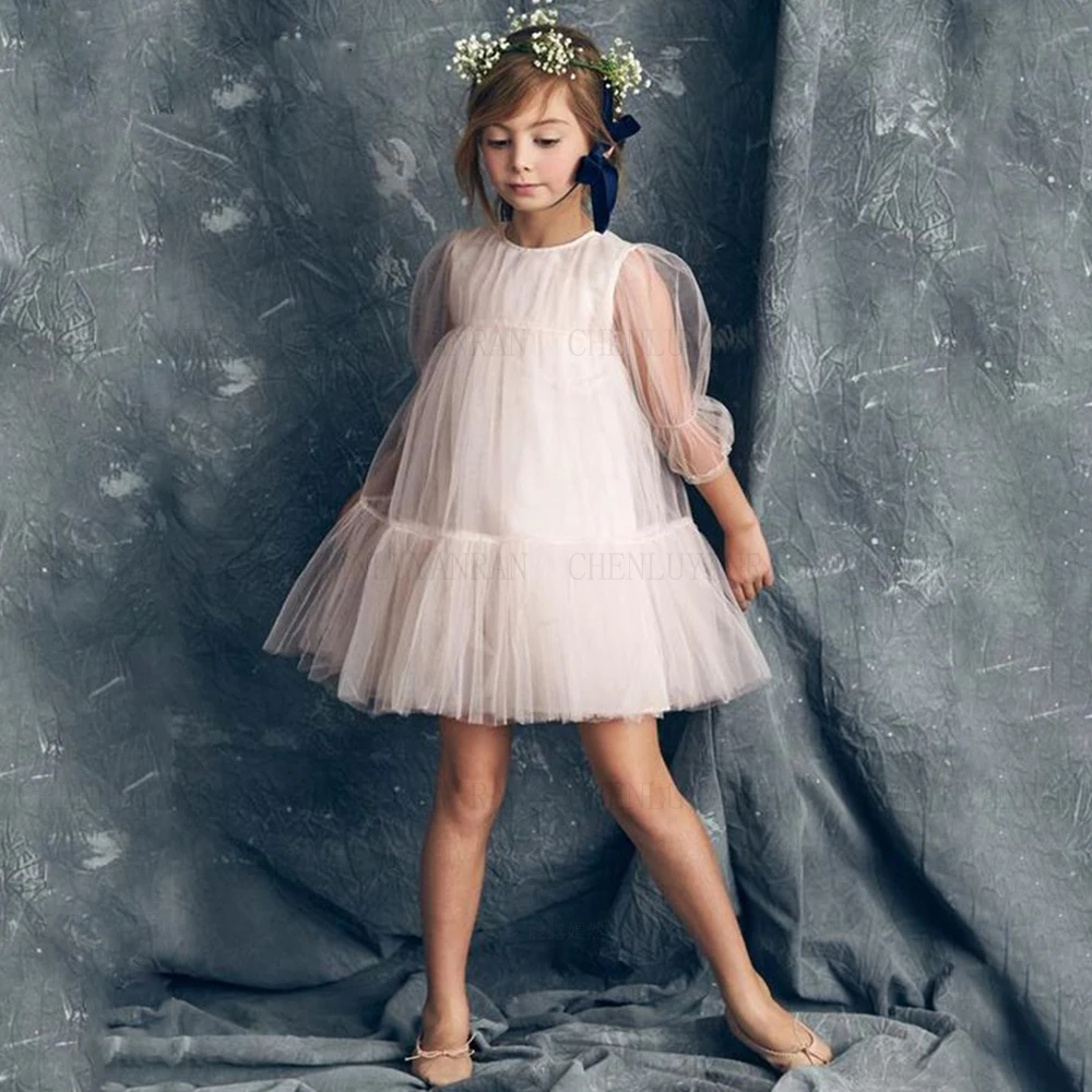 

Simple Puffy Layer Flower Girl Dresses Illusion Long Sleeves First Communion Dresses Tulle Ruffles Ball Gown Birthday Dress