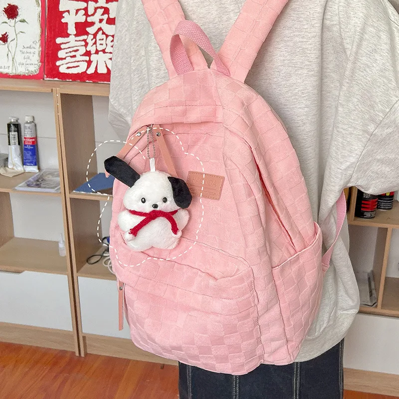 

Korean version simple solid color checkered knapsack campus large capacity versatile schoolbag for both male and female students