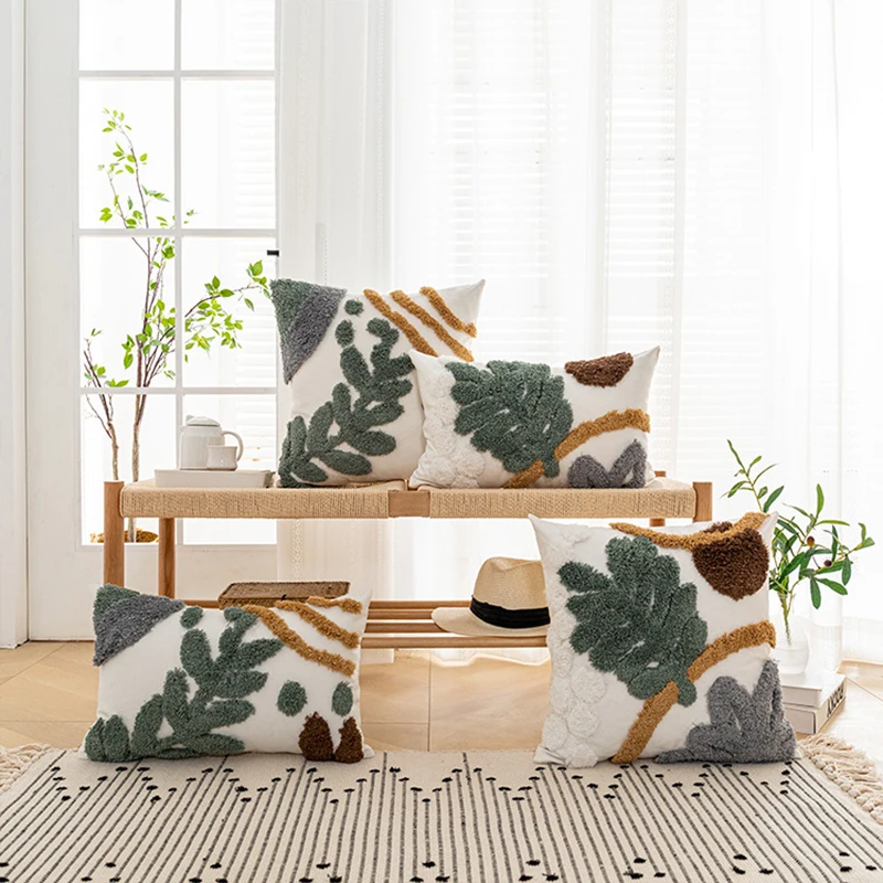 

Embroidered Cushion Cover Boho Decorative Pillowcase 45x45cm/30x50cm Green Leaves Plant Pillow Cover for Living Room Sofa Decor