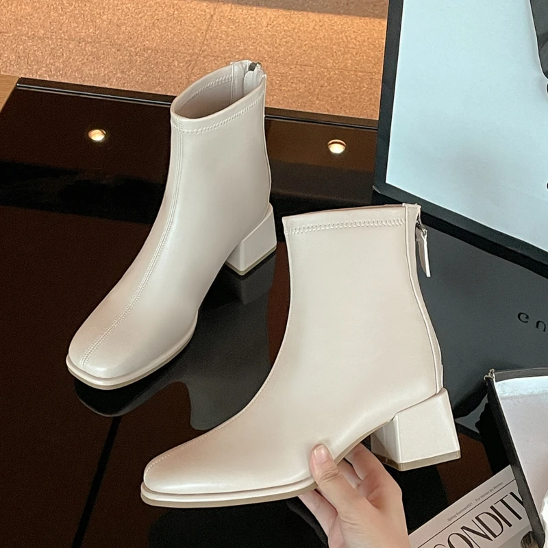 

2021 New Black Square heels Ankle Boots Women Chunky Heels Zipper Short Boots Black Chelsea Boots Botas Zapatillas Mujer