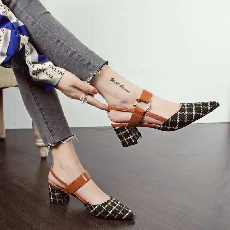 

Korean Style Plaid Pointed High Female Heel Mouth Hallow Straight-line Buckle Semi-high Heeled Hipster Shoes lykj-yx