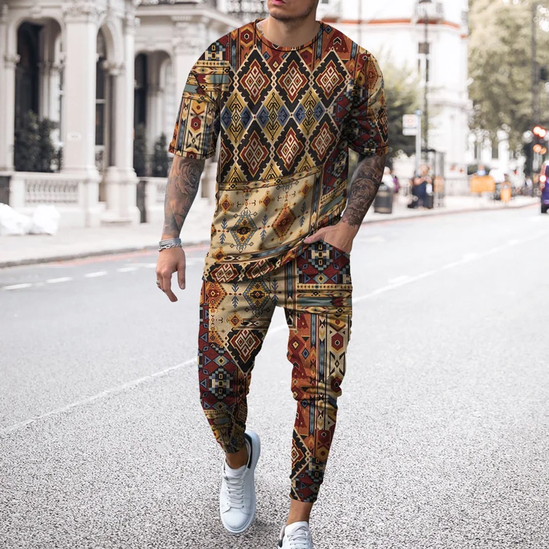 

Summer New Men's Loose Cotton Brand Simple Stripe Design T-shirt + Unique Pattern Casual Pants Fashion 2022 Two Piece Set