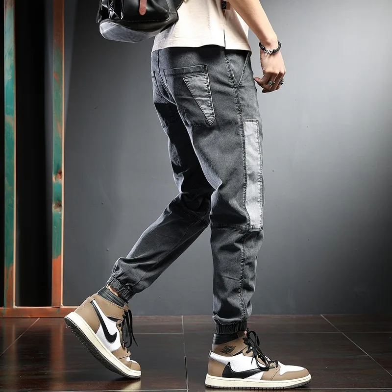 Fashion Jeans Men Pencil Pants Summer Black Patchwork Baggy Jean Streetwear Hip Hop Elastic Waist Drawstring Denim Trousers