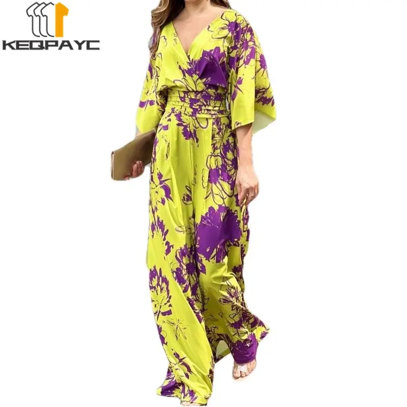 Summer Women's Jumpsuits New 2023 Women Elegant Floral Print V-neck Batwing Sleeve Wide-leg Jumpsuit Ladies Streetwear Clothes