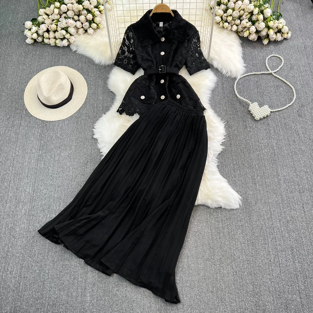 Роскошный легкий свободный костюм с лацканами рубашка и юбка высокой талией