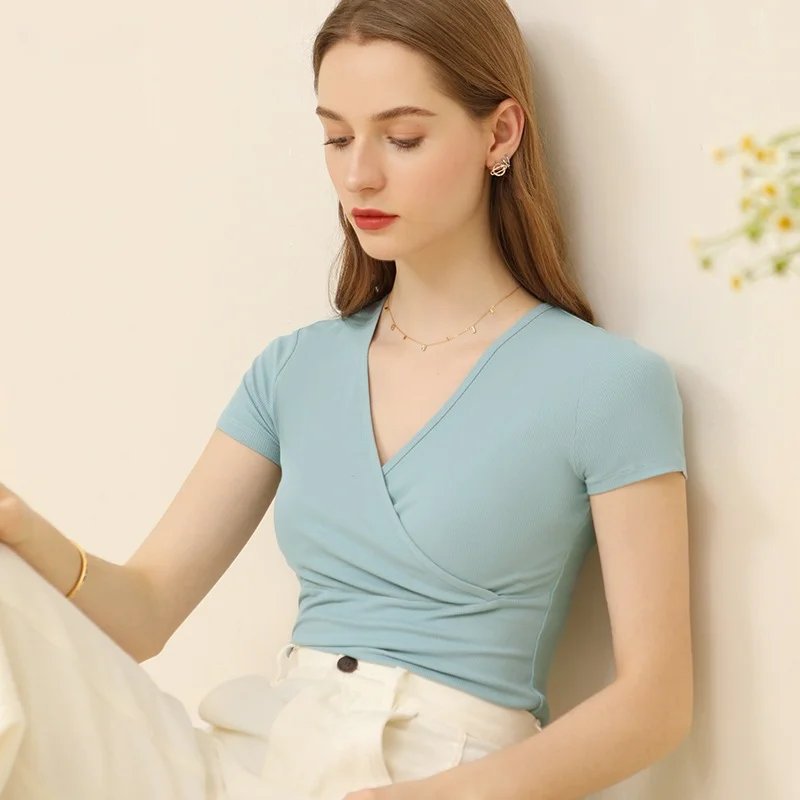 

Ladies Summer V-Neck Short Sleeve Sexy Tshirt Casual Light Blue Cute T-shirt XXL Girls Solid Color Streetwear Elastic Tee Tops