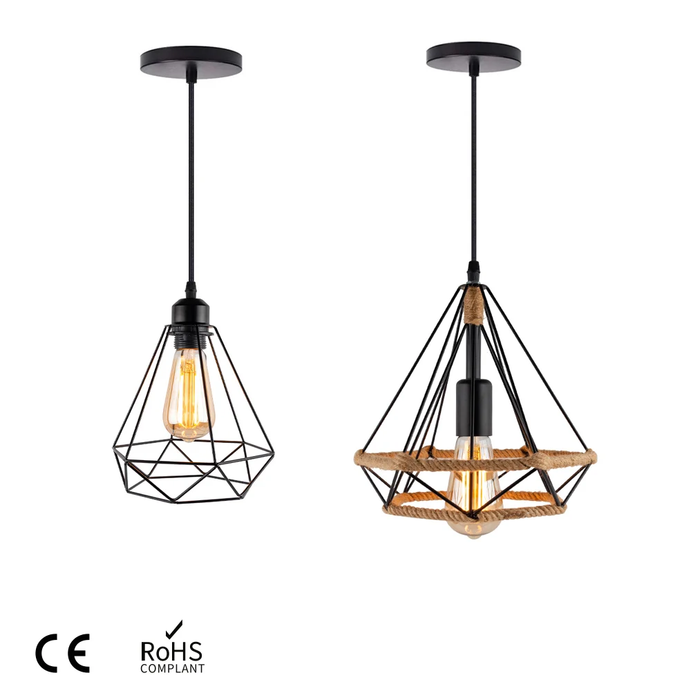 

Vintage Pendant Light E27 Iron Diamond Shape Rope Lamp Loft Cage Light for Kitchen Dining Bedroom Hanging Ceiling Lamp Fixture