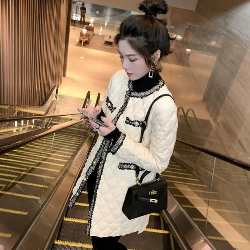 2023 Winter Wadded Coat Women Elegant O Neck Button Lightweight Long Warm Outerwear Tassels Patchwork Female Black Padded Jacket