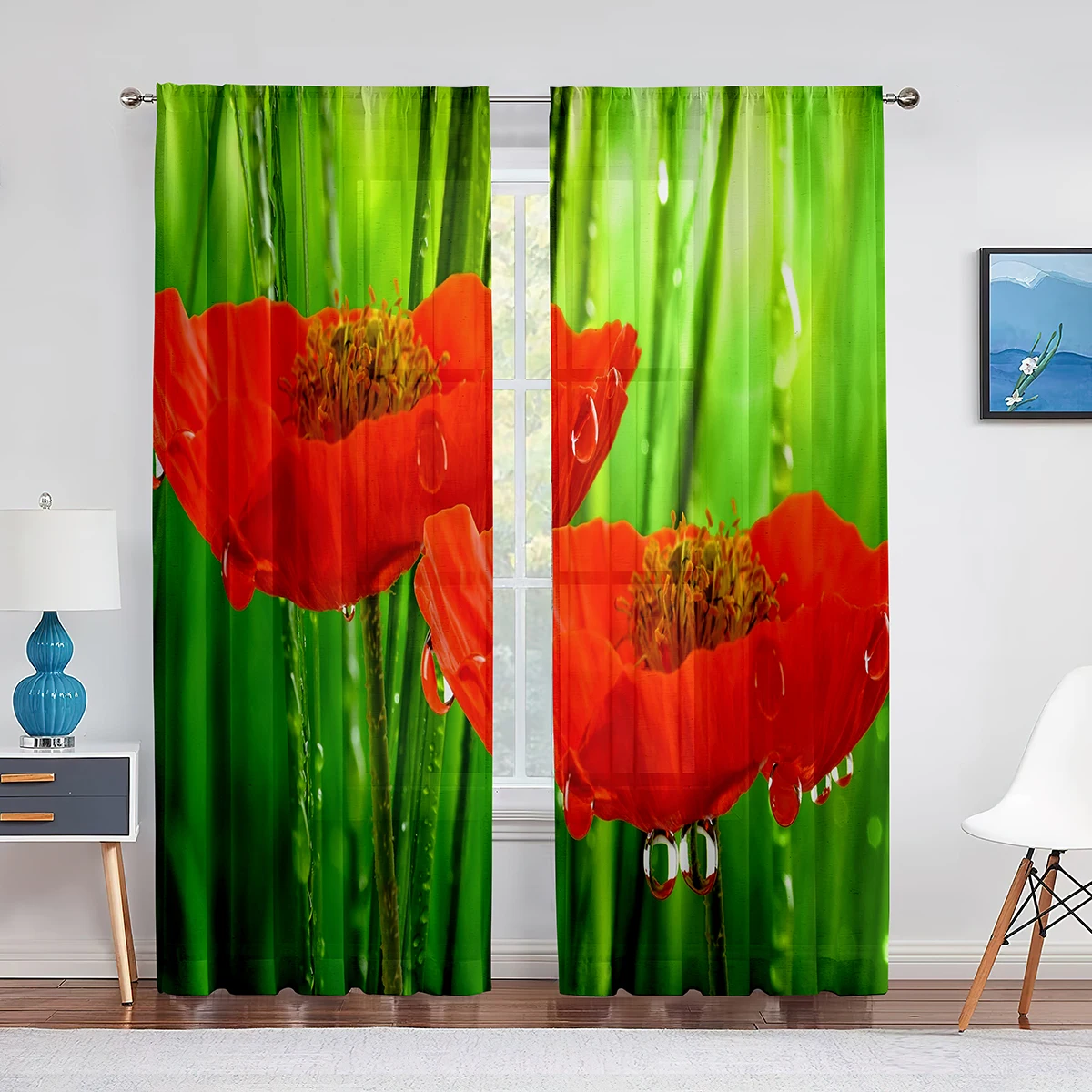 

Poppy Flower Red Floral Sheer Voile Curtains for Living Room Bedroom Kitchen Tulle Window Curtain Home Decoration Chiffon Drapes
