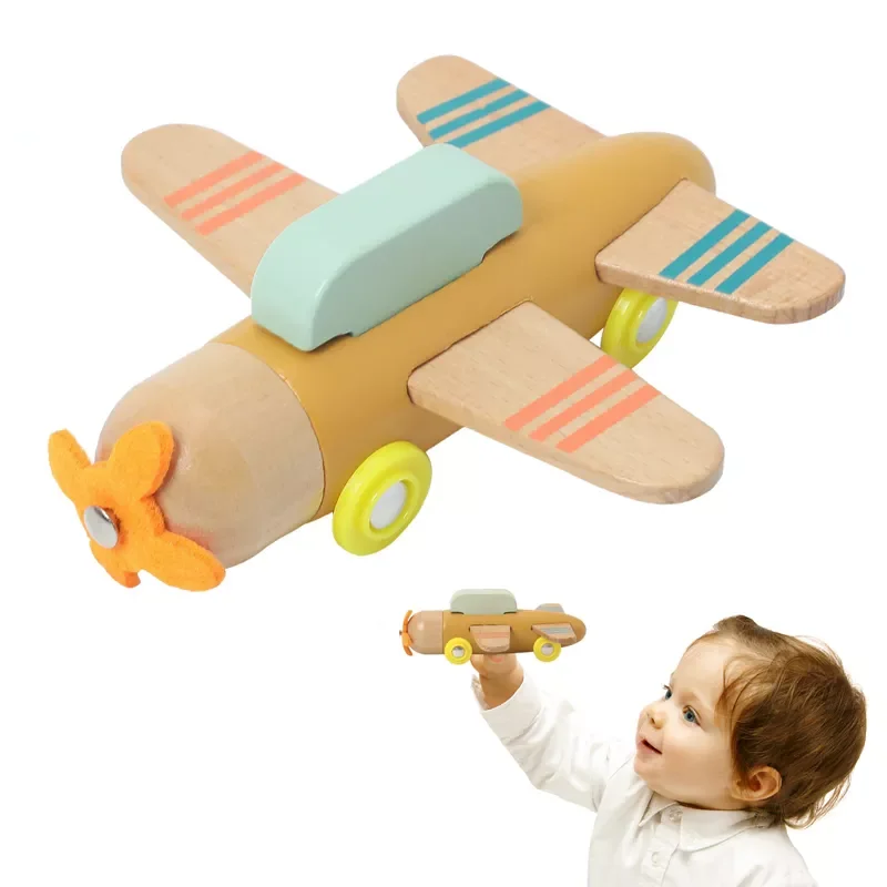 

Baby Wooden Small Plane Toys Safe Water Paint Color Plane Cartoon Propeller Toy for Kid Easy Grip Parent-child Interactive Games