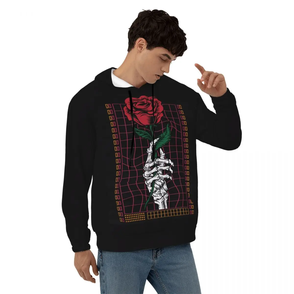 

Skeleton Hand Holding Red Rose Casual Hoodies Men Gothic Style Pullover Hoodie Spring Outerwear Comfortable Hooded Sweatshirts