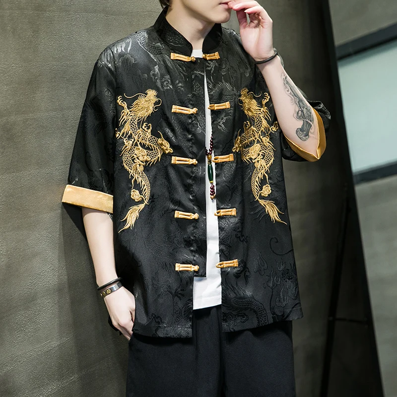 Creative Golden Dragon Embroidery Men's Shirt Tang Suit Hanfu Retro Cheongsam Casual Kung Fu Top Zen Tea Cardigan Coat