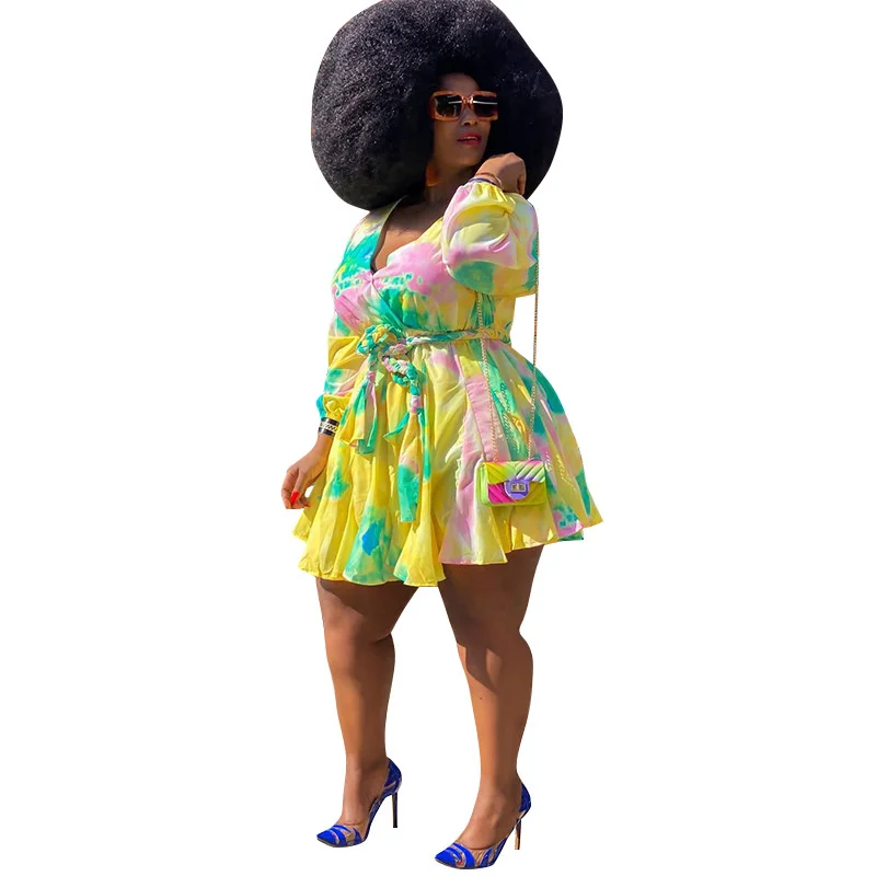 Plus Size Women Dresses Fashion Print V-neck Sexy Woven Dress With Lace-up Casual Beach Large Size Female Elegant Dresses 2023