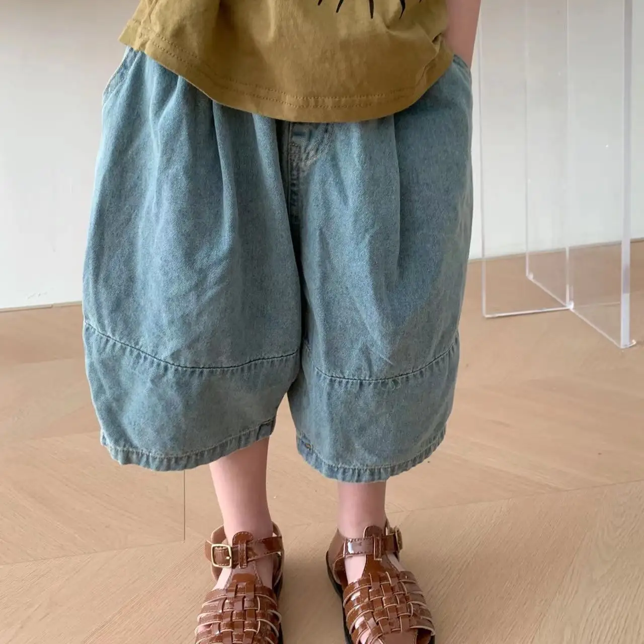 

Джинсовые брюки для мальчиков и девочек, Спортивные Универсальные Свободные повседневные милые штаны до щиколотки, с эластичным поясом, в Корейском стиле