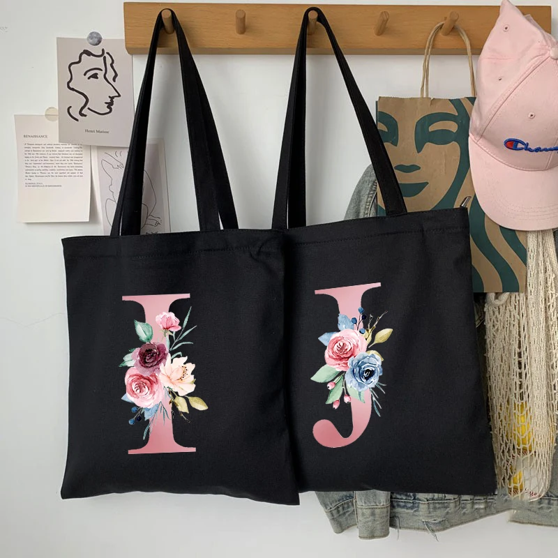 

Student Shopping Bag Casual Large-capacity Shoulder Bag Reusable Simple Pink Letter Print Canvas All-match Black Tote Bag