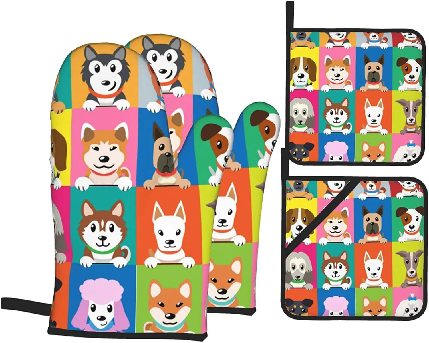 

Dog Collage Oven Mitts and Pot Holders Sets of 4 Baking Cooking BBQ Oven Mitts Non-Slip Quilting Grill Mitts Heat Resistant Gift