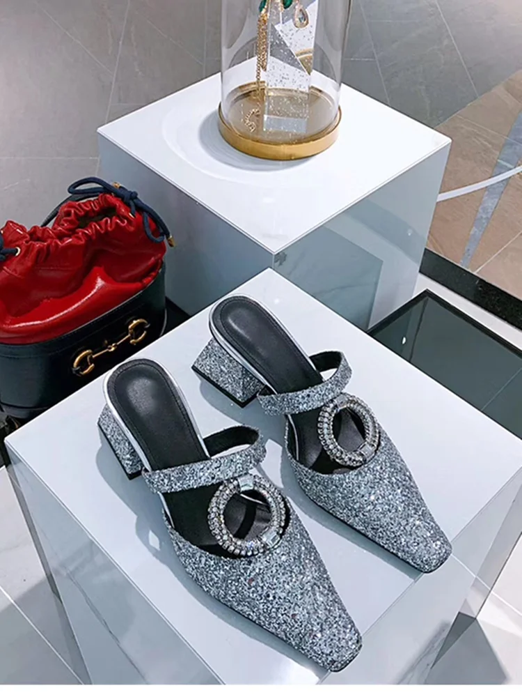 2022 Bling Hollow Ring Decorated Slippers Chunky Heel Autumn Modern Solid New Arrival Fashion Party Shoes