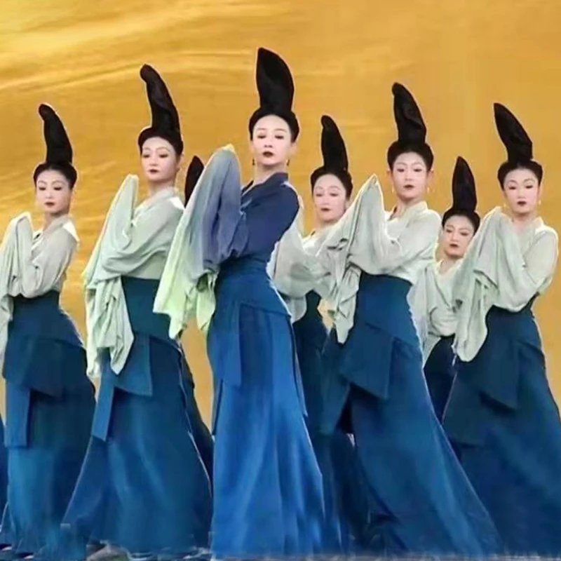 

Green Chinese Folk Dance Ancient Classical National Dance Costume Traditional Women Water Sleeve Hanfu National Fan Dance Outfit