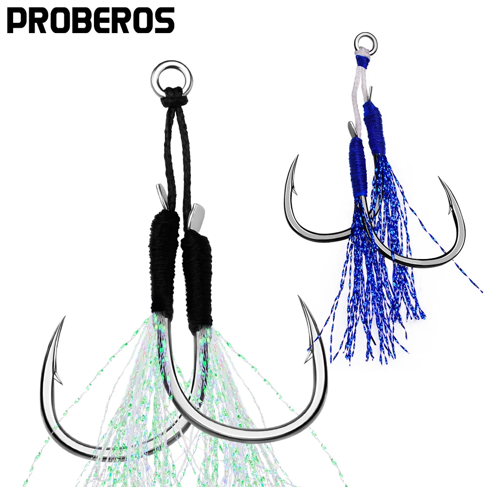 

PROBEROS 50 пара/лот крючки для джиггинга, вспомогательные Крючки для рыбалки 11-13-15-16-17-18-19-20 #, УФ светильник, двойная бородка, с светящимся перьем